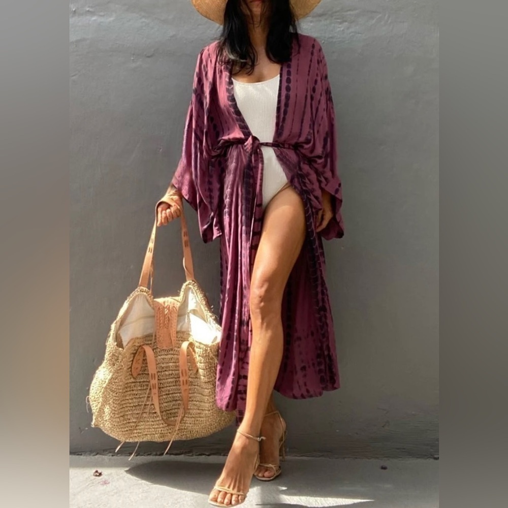 Bohemian Tie Dye Long Kimono Open Front Swimsuit Coverup Cardigan Duster